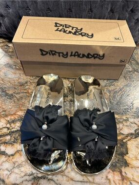 Dirty Laundry ‘May’ Black Satin Slide Sandals with Gold Metallic Footbed